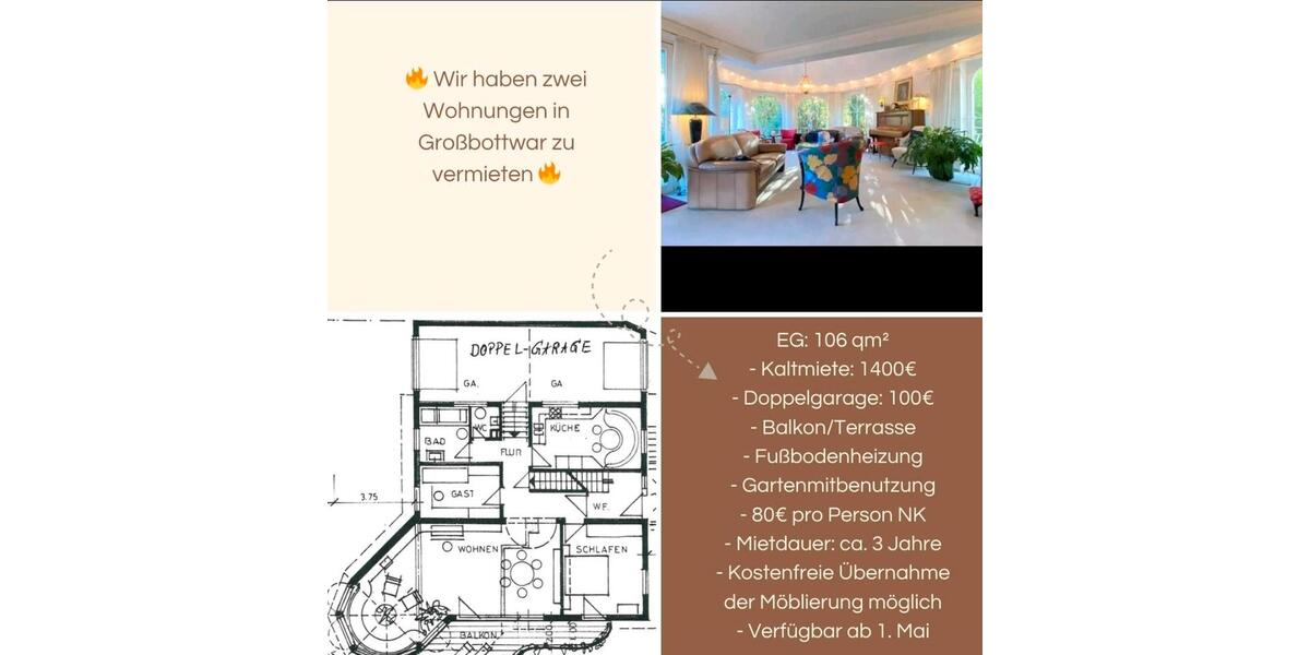 Erdgeschoßwohnung Großbottwar - 3 Zimmer, 106 m&sup2;, 1.400&euro; | Angebot:26639125