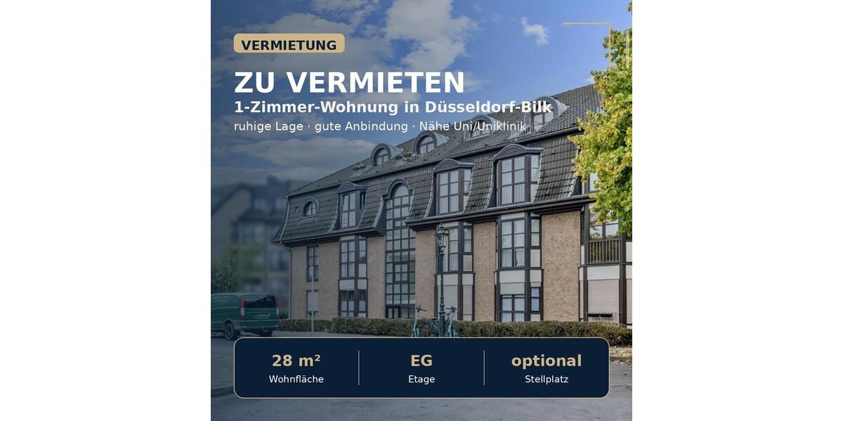 Erdgeschoßwohnung Düsseldorf Stadtbezirk 3 - 1 Zimmer, 28 m&sup2;, 590&euro; | Angebot:26647343
