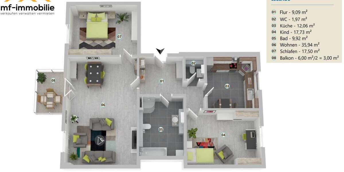 großzügige Erdgeschosswohnung 3 Zimmer 107 m² mit Einbauküche 3 zimmer