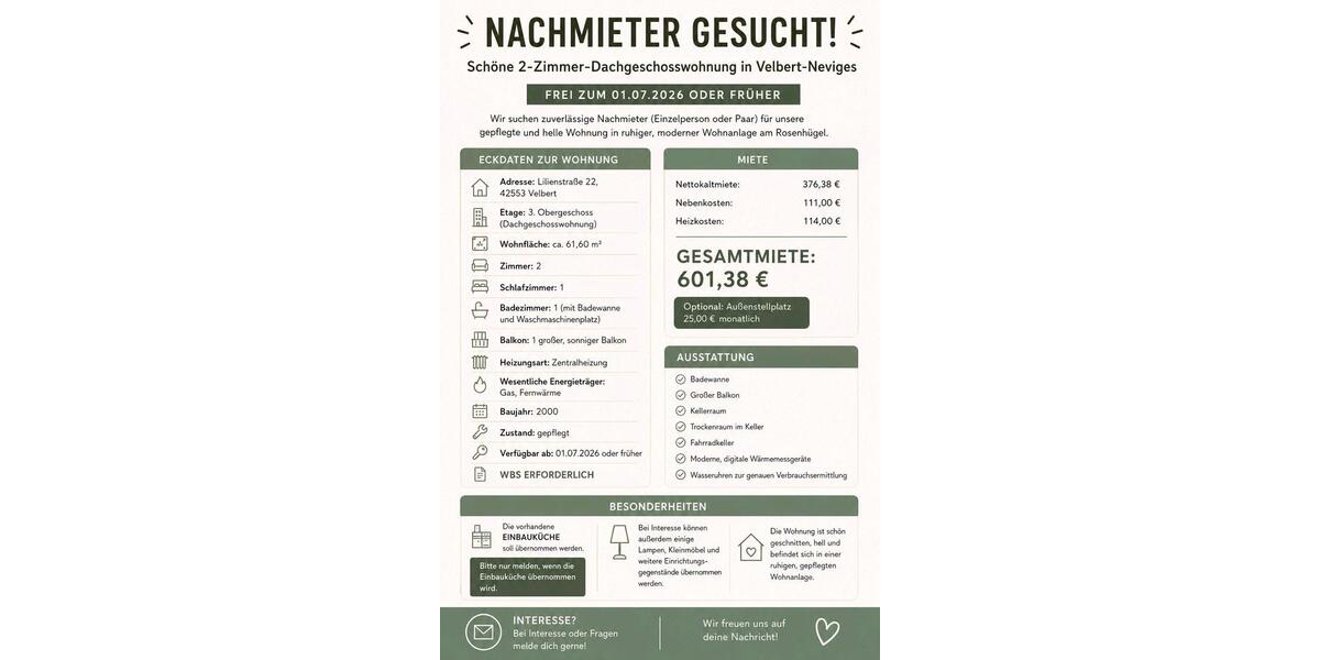Dachgeschoßwohnung Velbert Pöthen - 2 Zimmer, 60 m&sup2;, 601&euro; | Angebot:26647326