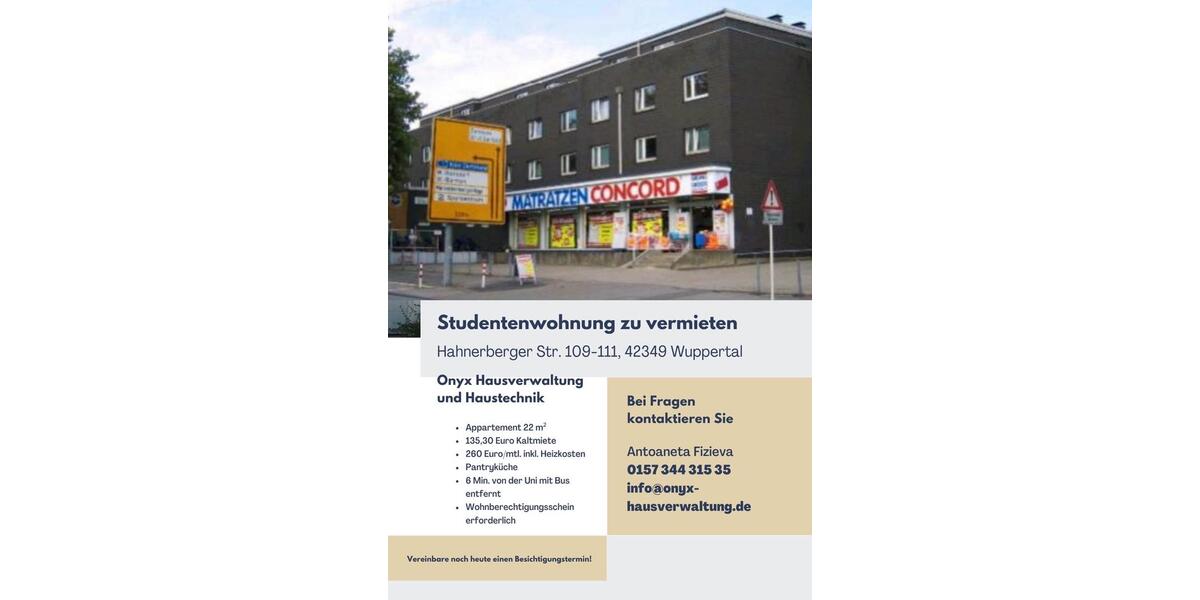 Etagenwohnung Wuppertal Cronenberg - 1 Zimmer, 23 m&sup2;, 141&euro; | Angebot:26516453