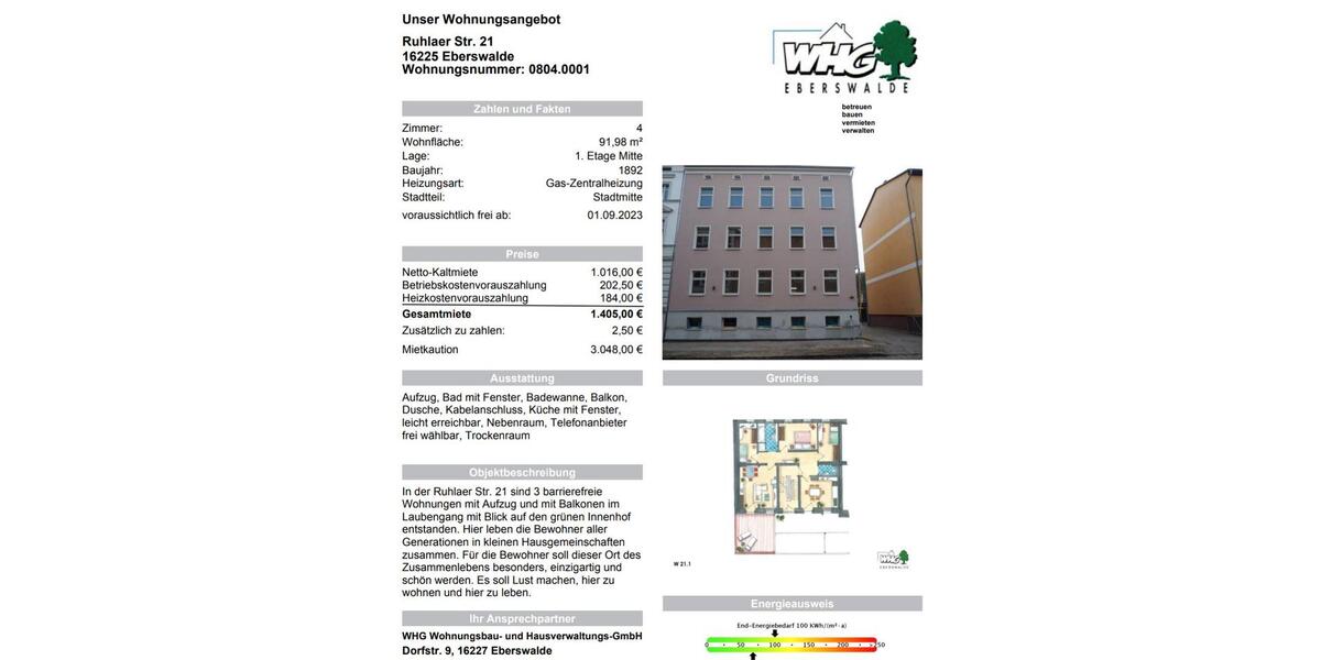 Hochparterre Eberswalde - 4 Zimmer, 92 m&sup2;, 1.405&euro; | Angebot:26003434