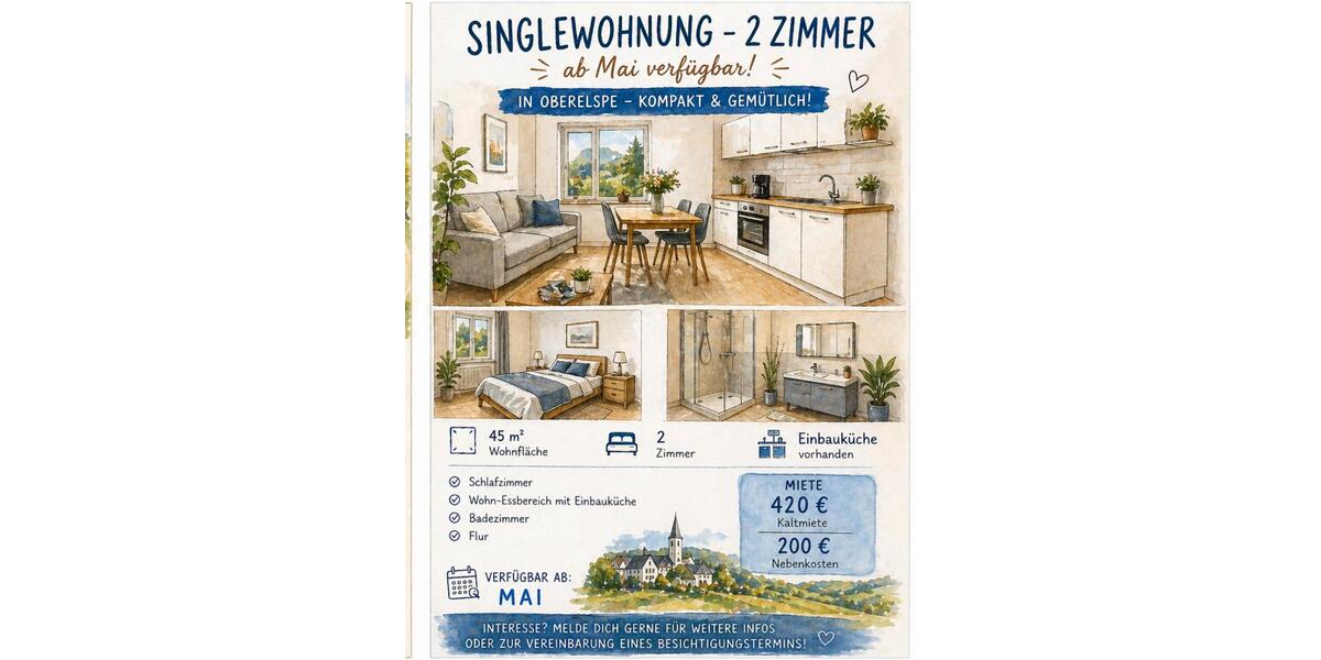 Erdgeschoßwohnung Lennestadt - 2 Zimmer, 45 m&sup2;, 420&euro; | Angebot:26415566