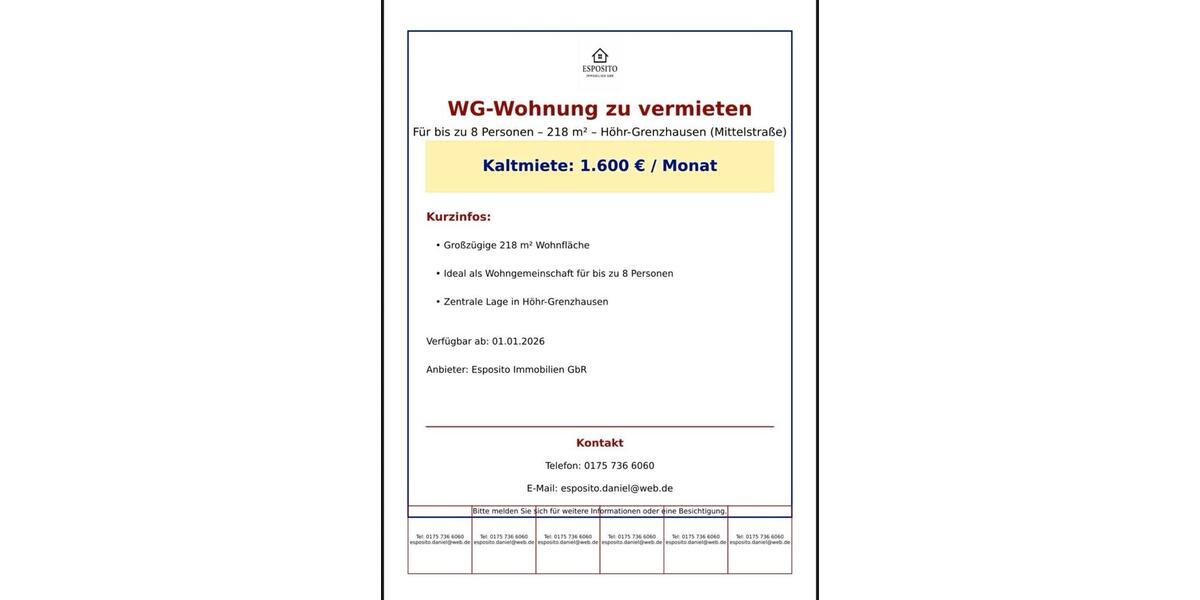 Wohnung zu vermieten 8 zimmer