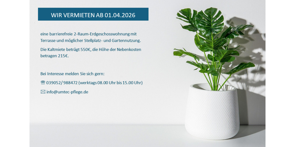 Terrassenwohnung Eilsleben - 2 Zimmer, 50 m&sup2;, 550&euro; | Angebot:25569002