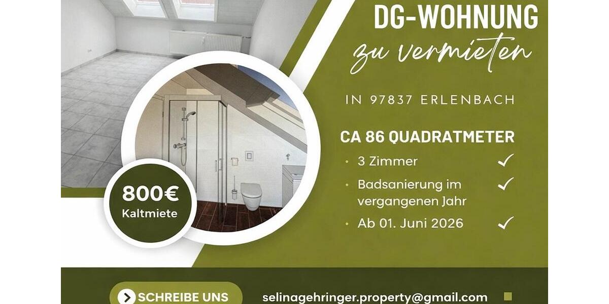 Dachgeschoßwohnung Erlenbach bei Marktheidenfeld - 3 Zimmer, 86 m&sup2;, 750&euro; | Angebot:25321405