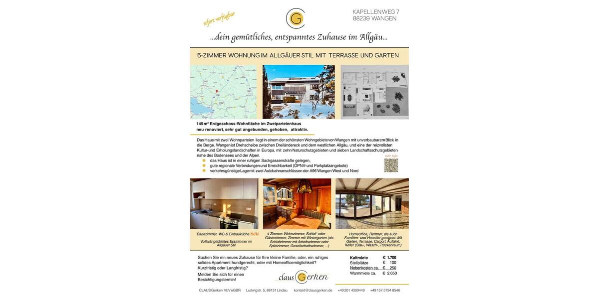 Erdgeschoßwohnung Wangen im Allgäu - 4 Zimmer, 143 m&sup2;, 1.700&euro; | Angebot:24702901