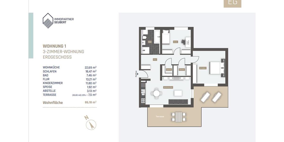 Erdgeschoßwohnung Deggendorf - 3 Zimmer, 86 m&sup2;, 1.035&euro; | Angebot:26632544