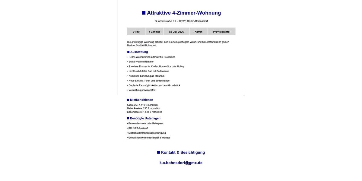 Etagenwohnung Berlin Treptow-Köpenick - 4 Zimmer, 94 m&sup2;, 1.410&euro; | Angebot:26698614