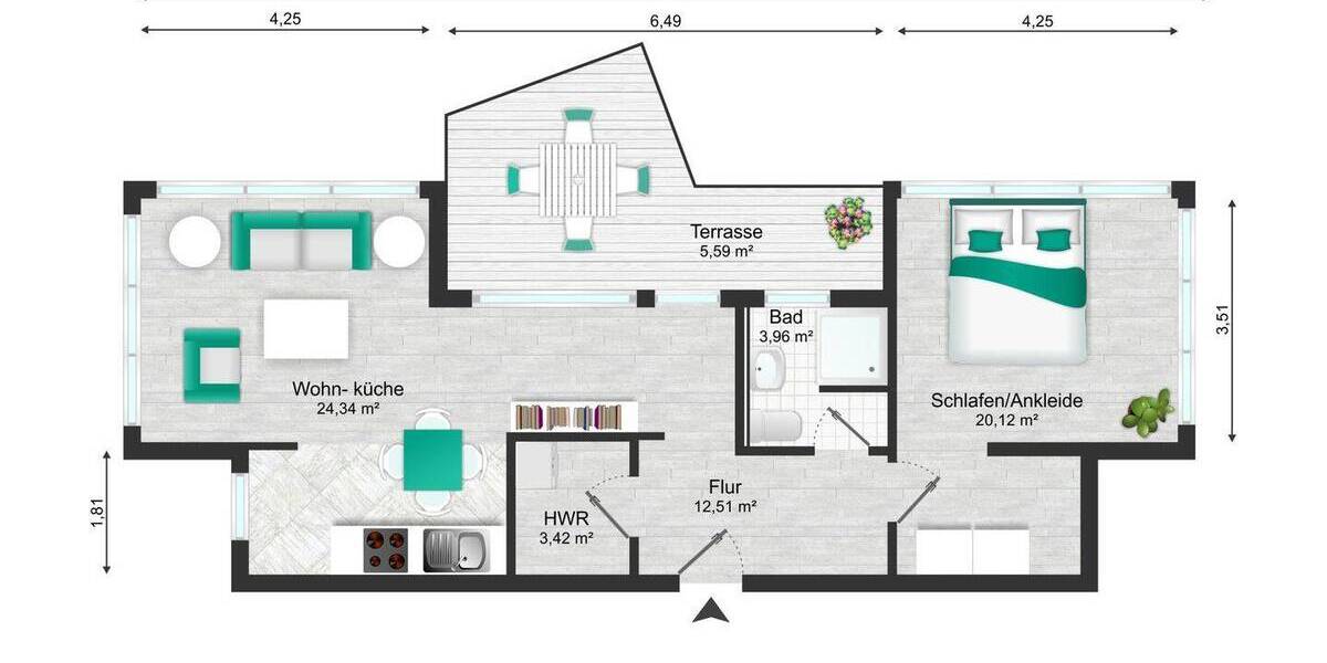 Etagenwohnung Twistringen - 2 Zimmer, 65 m&sup2;, 850&euro; | Angebot:26037202