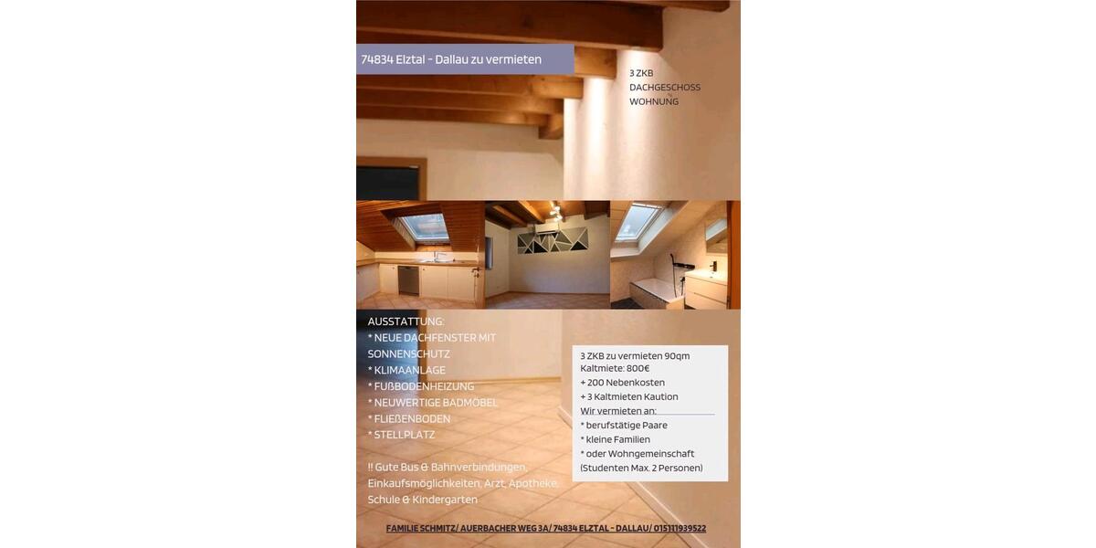 Dachgeschoßwohnung Elztal - 3 Zimmer, 90 m&sup2;, 800&euro; | Angebot:25838303