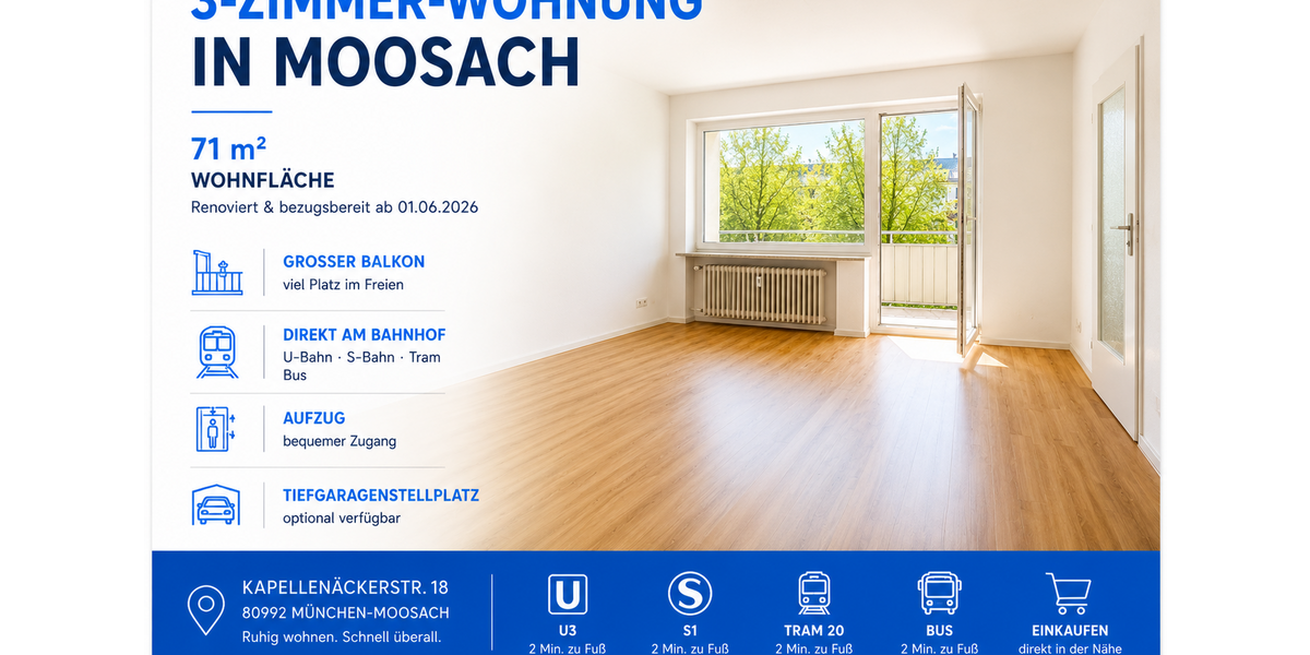 Etagenwohnung München Moosach - 3 Zimmer, 71 m&sup2;, 1.700&euro; | Angebot:26749114