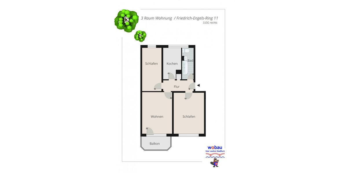 Etagenwohnung Staßfurt - 3 Zimmer, 60 m&sup2;, 361&euro; | Angebot:23858686