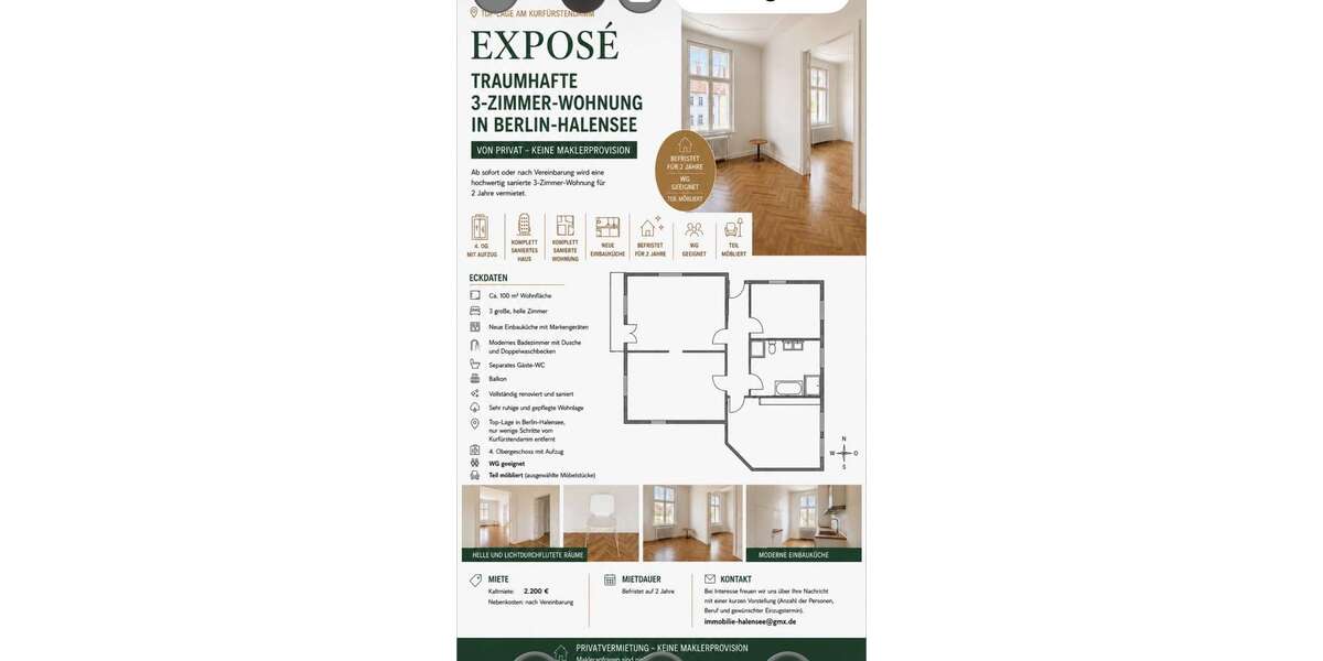 Etagenwohnung Berlin Halensee - 3 Zimmer, 100 m&sup2;, 2.200&euro; | Angebot:27268918