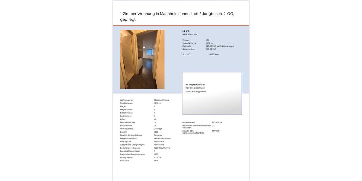 Etagenwohnung Sandhausen - 1 Zimmer, 18 m&sup2;, 640&euro; | Angebot:26613959