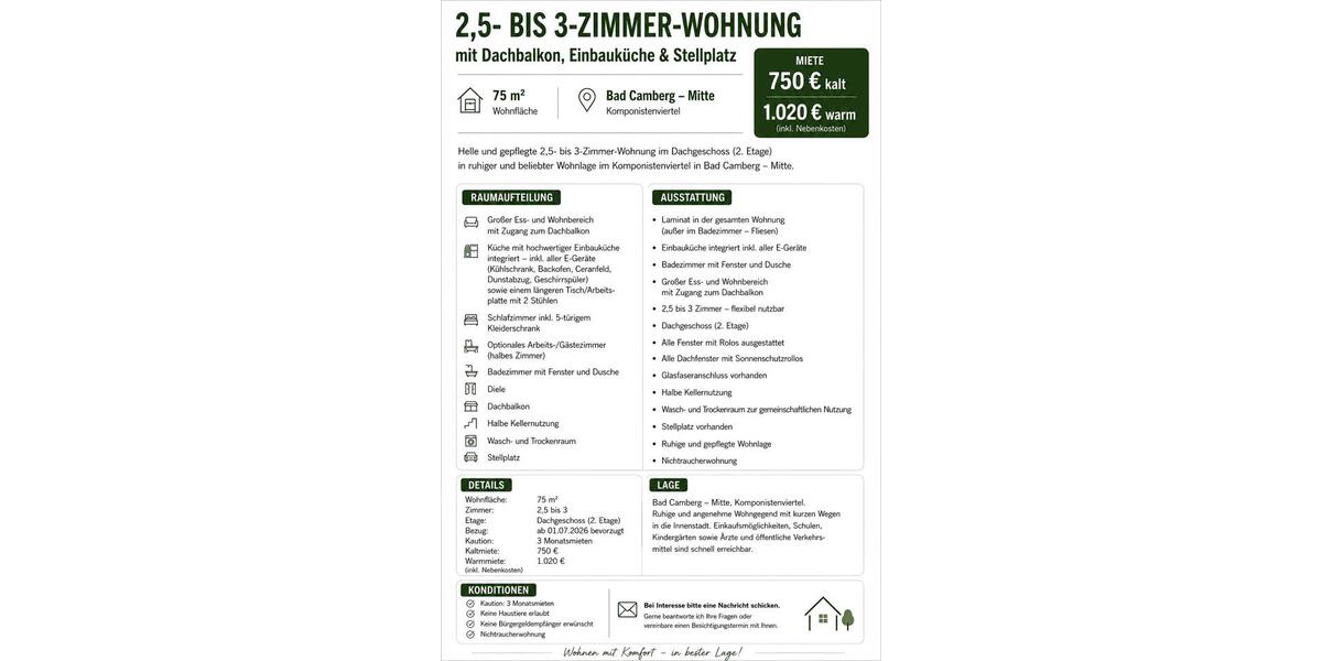 Dachgeschoßwohnung Bad Camberg - 3 Zimmer, 75 m&sup2;, 1.020&euro; | Angebot:26482946