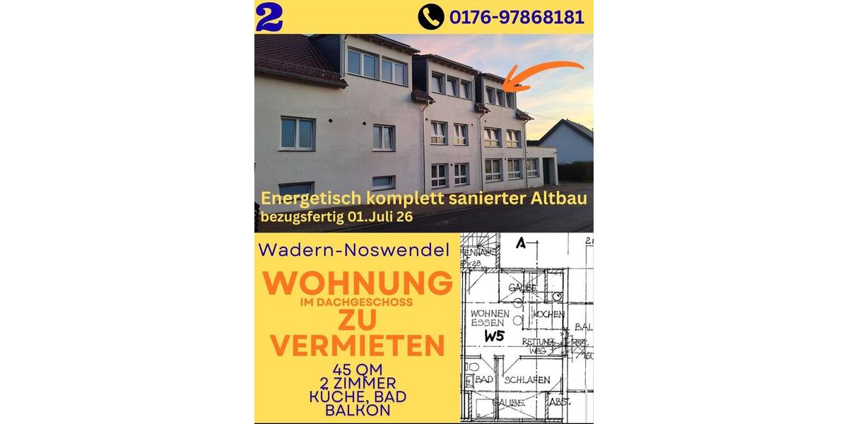 Dachgeschoßwohnung Wadern - 2 Zimmer, 45 m&sup2;, 470&euro; | Angebot:26285109