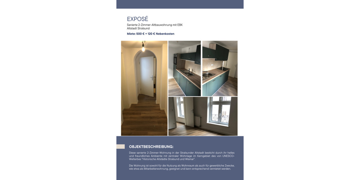 Dachgeschoßwohnung Stralsund - 2 Zimmer, 42 m&sup2;, 500&euro; | Angebot:25436490