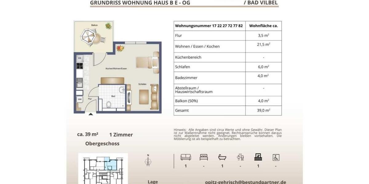 Etagenwohnung Bad Vilbel - 1 Zimmer, 39 m&sup2;, 857&euro; | Angebot:23845644