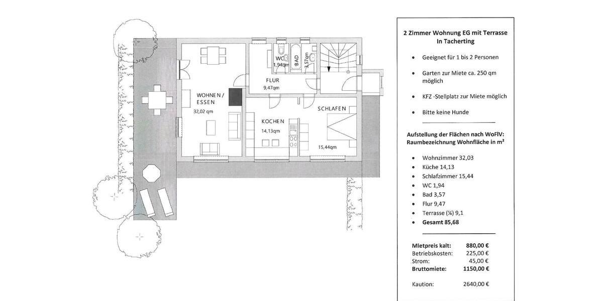 Erdgeschoßwohnung Tacherting - 2 Zimmer, 85 m&sup2;, 880&euro; | Angebot:26537128