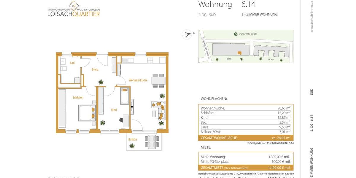 Etagenwohnung Wolfratshausen - 3 Zimmer, 75 m&sup2;, 1.399&euro; | Angebot:25870517