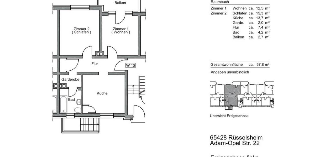 Erdgeschoßwohnung Rüsselsheim am Main - 2 Zimmer, 58 m&sup2;, 1.250&euro; | Angebot:24743040