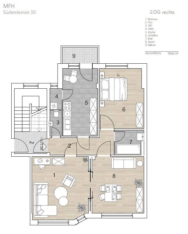 Helle und sanierte 2,5 Zimmer mit Balkon