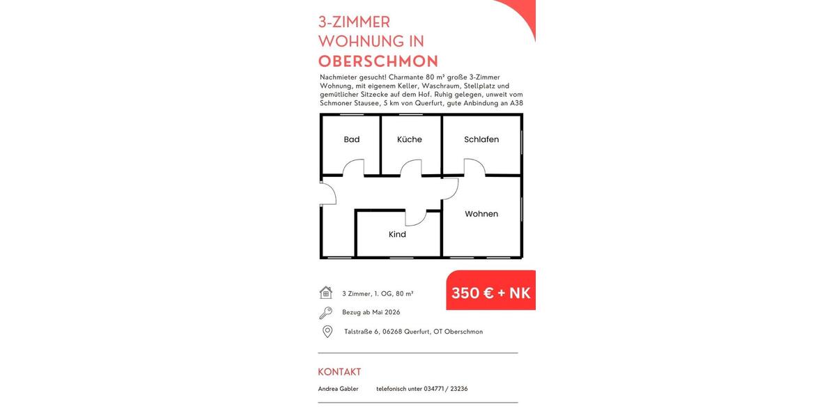 Etagenwohnung Querfurt - 3 Zimmer, 80 m&sup2;, 350&euro; | Angebot:25125676