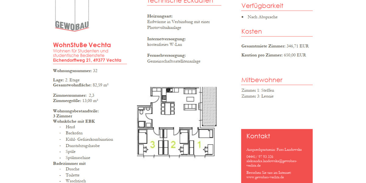 Etagenwohnung Vechta - 1 Zimmer, 28 m&sup2;, 260&euro; | Angebot:25648234