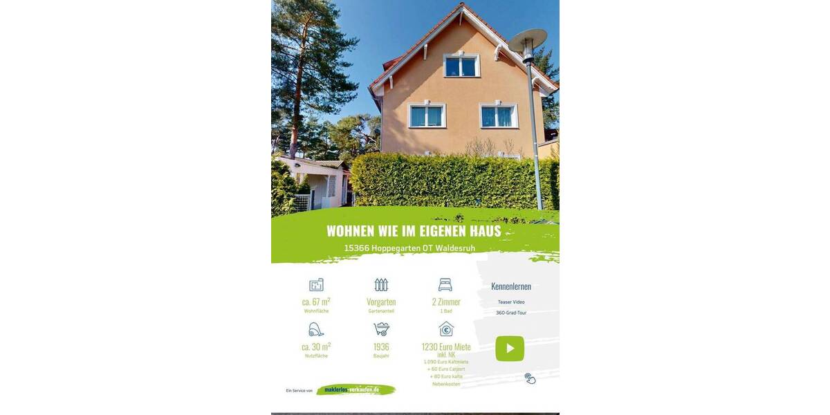 Terrassenwohnung Hoppegarten Waldesruh - 2 Zimmer, 68 m&sup2;, 1.070&euro; | Angebot:26157439