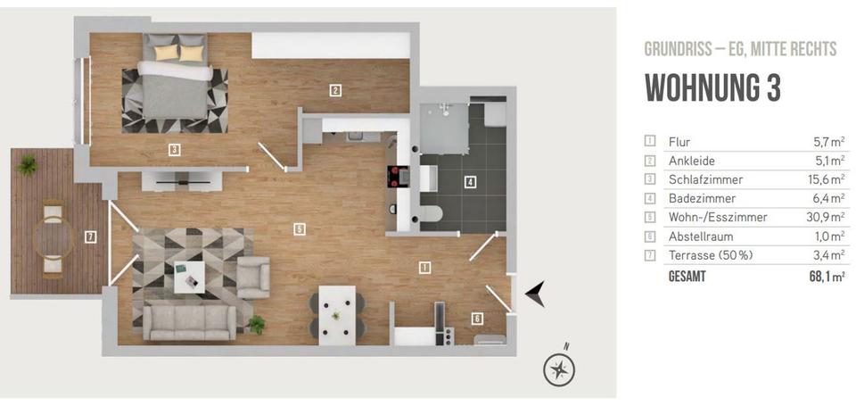 Erdgeschoßwohnung Hamburg Wandsbek - 2 Zimmer, 68 m&sup2;, 1.435&euro; | Angebot:26701792