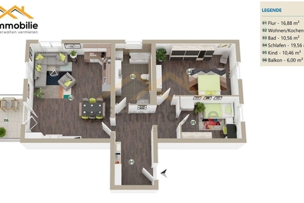 charmante Erdgeschosswohnung 3-Zimmer Balkon, Einbauküche - Wohnung Mariental Helmstedt - Grasleben | Angebot:24100703