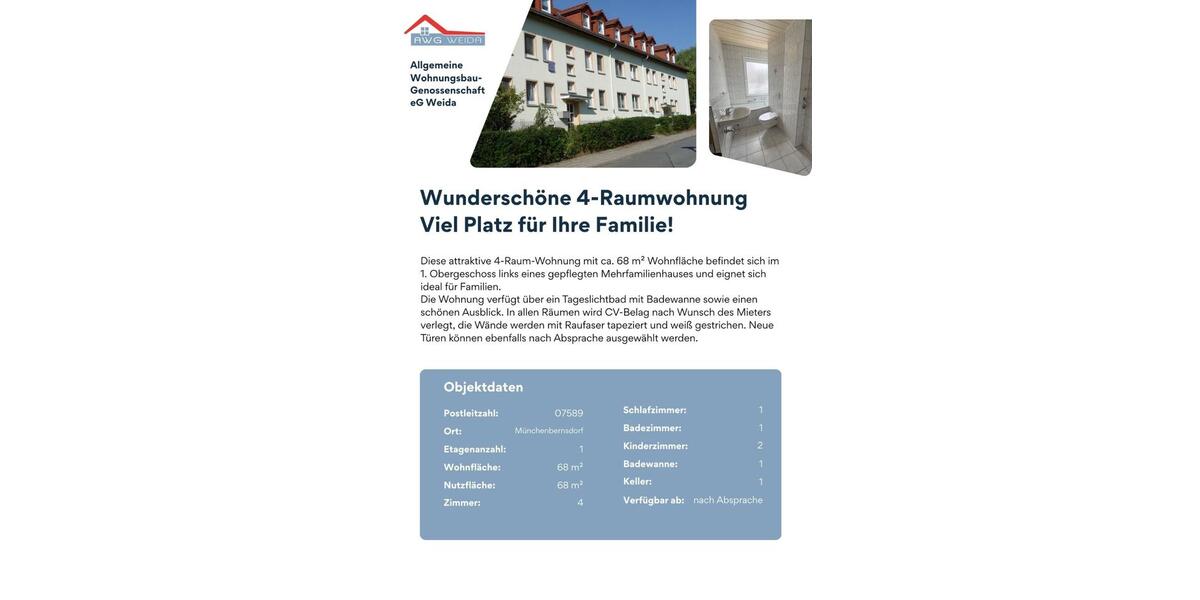 Etagenwohnung Münchenbernsdorf - 4 Zimmer, 68 m&sup2;, 376&euro; | Angebot:24867056