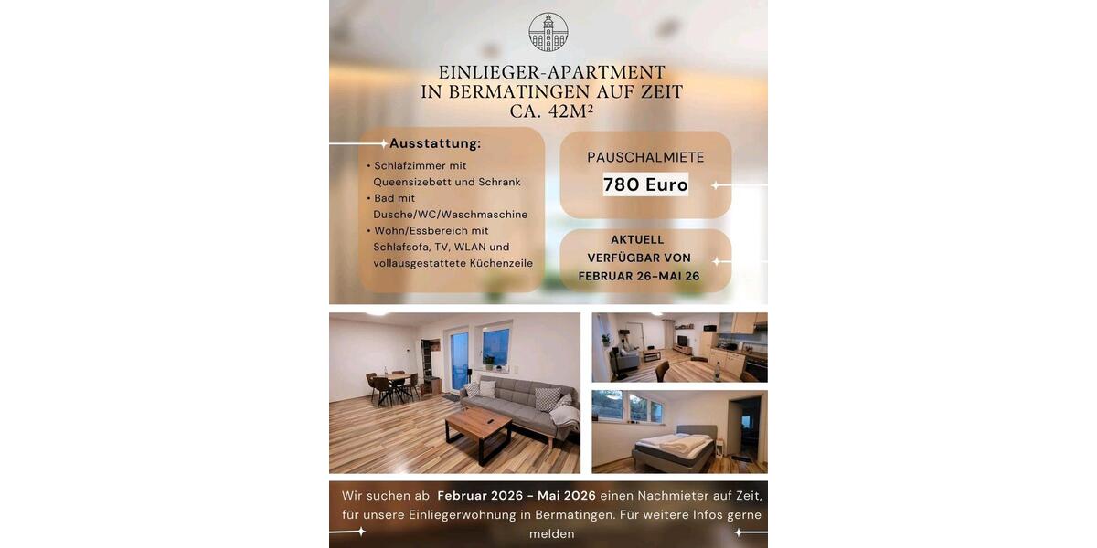 Wohnen auf Zeit Bermatingen - 2 Zimmer, 42 m&sup2;, 780&euro; | Angebot:24706374