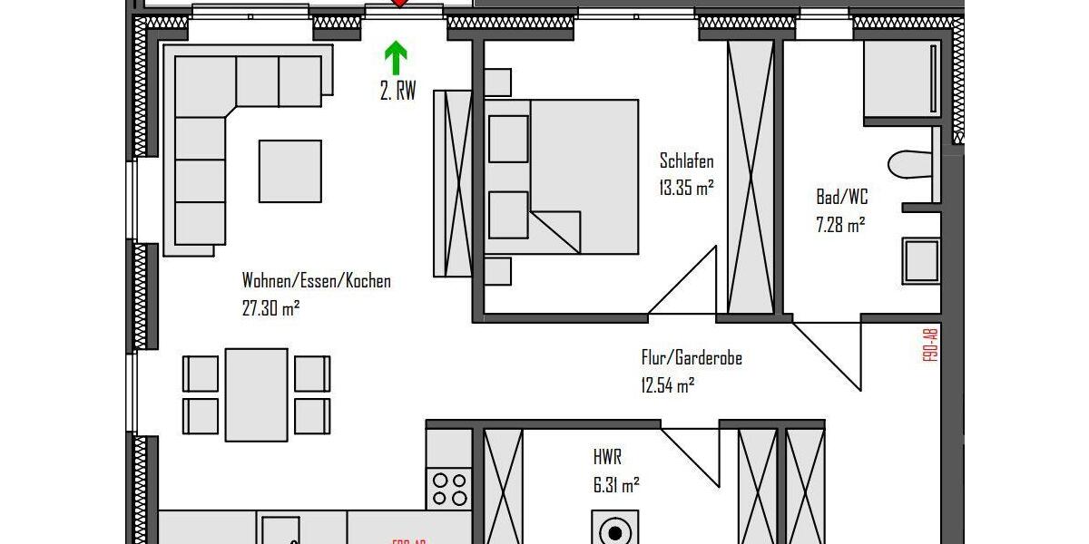Etagenwohnung Osnabrück Gretesch - 2 Zimmer, 70 m&sup2;, 1.129&euro; | Angebot:25855442