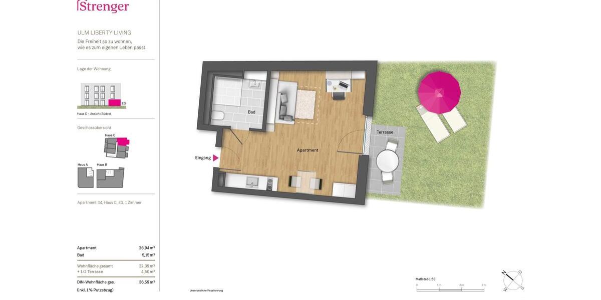 Erdgeschoßwohnung Ulm - 1 Zimmer, 36 m&sup2;, 1.010&euro; | Angebot:25645778