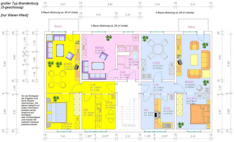 Etagenwohnung Waren (Müritz) - 3 Zimmer, 64 m&sup2;, 383&euro; | Angebot:26261633