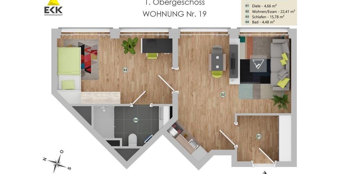 Erdgeschoßwohnung Bonn Küdinghoven - 2 Zimmer, 47 m&sup2;, 995&euro; | Angebot:22735165