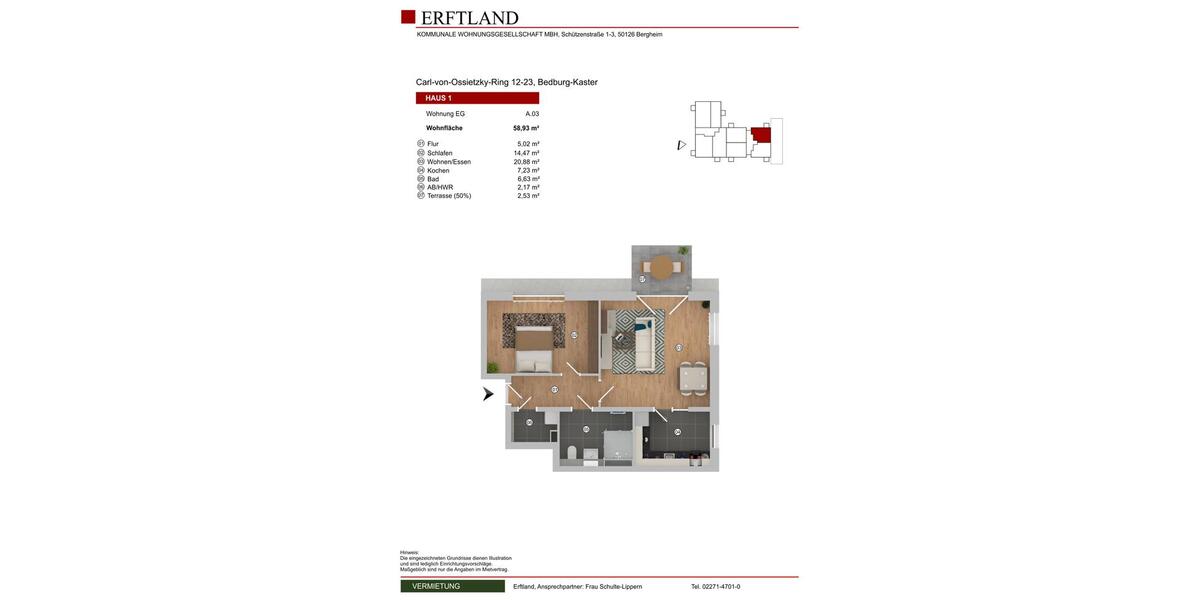 Etagenwohnung Bedburg - 2 Zimmer, 59 m&sup2;, 758&euro; | Angebot:26622636