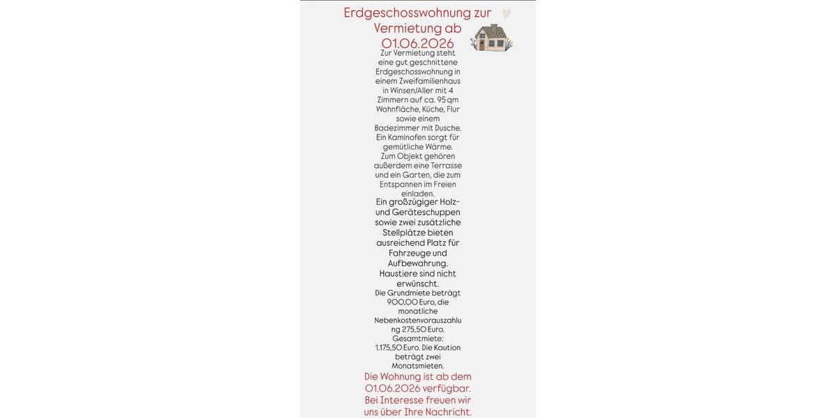 Erdgeschoßwohnung Winsen (Aller) - 4 Zimmer, 95 m&sup2;, 1.175&euro; | Angebot:26014282