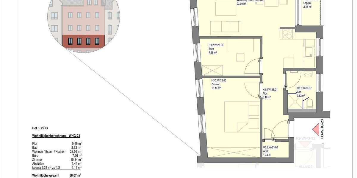 Etagenwohnung Wetzlar - 3 Zimmer, 59 m&sup2;, 990&euro; | Angebot:23750324