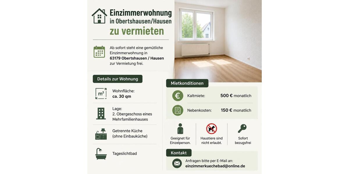 Dachgeschoßwohnung Obertshausen - 1 Zimmer, 30 m&sup2;, 500&euro; | Angebot:26493165