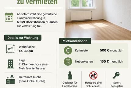 Wohnung Obertshausen - 1 Zimmer, 30 m&sup2;, 500&euro; | Angebot:26493165