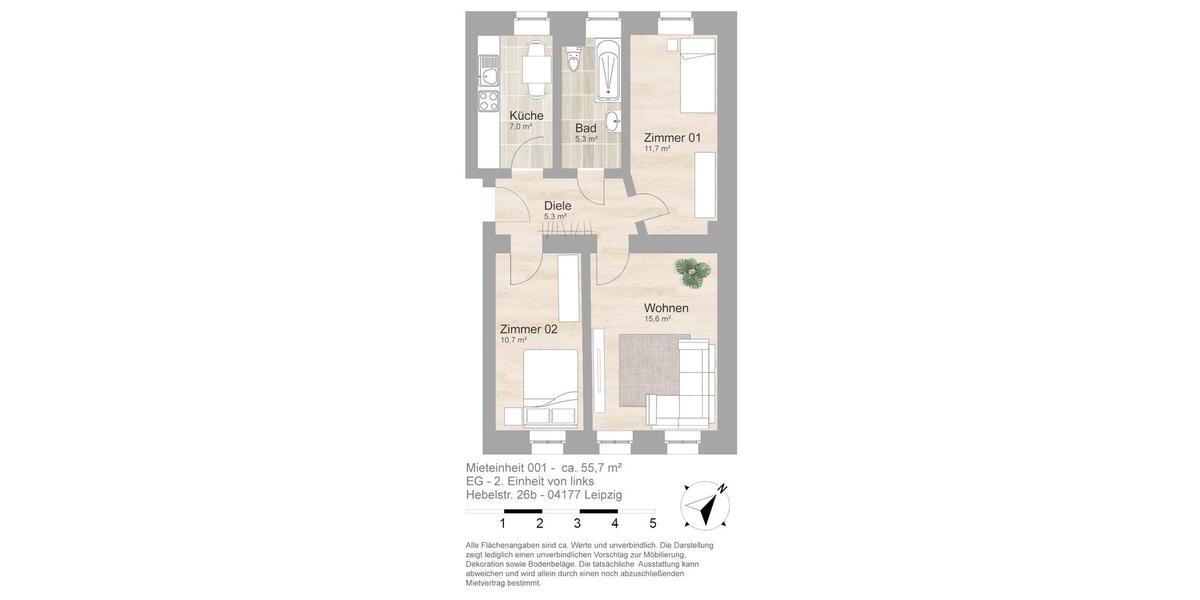 Erdgeschoßwohnung Leipzig Altwest - 3 Zimmer, 56 m&sup2;, 506&euro; | Angebot:25230906
