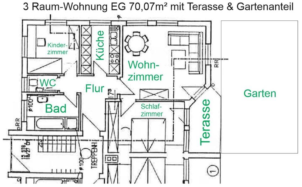 3 Raum Wohnung Kleinopitz im EG+Wanne+Dusche+Terrasse+Garten 3 zimmer