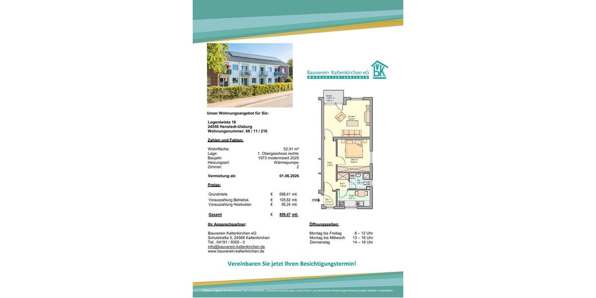 Etagenwohnung Kaltenkirchen - 2 Zimmer, 53 m&sup2;, 699&euro; | Angebot:26563311