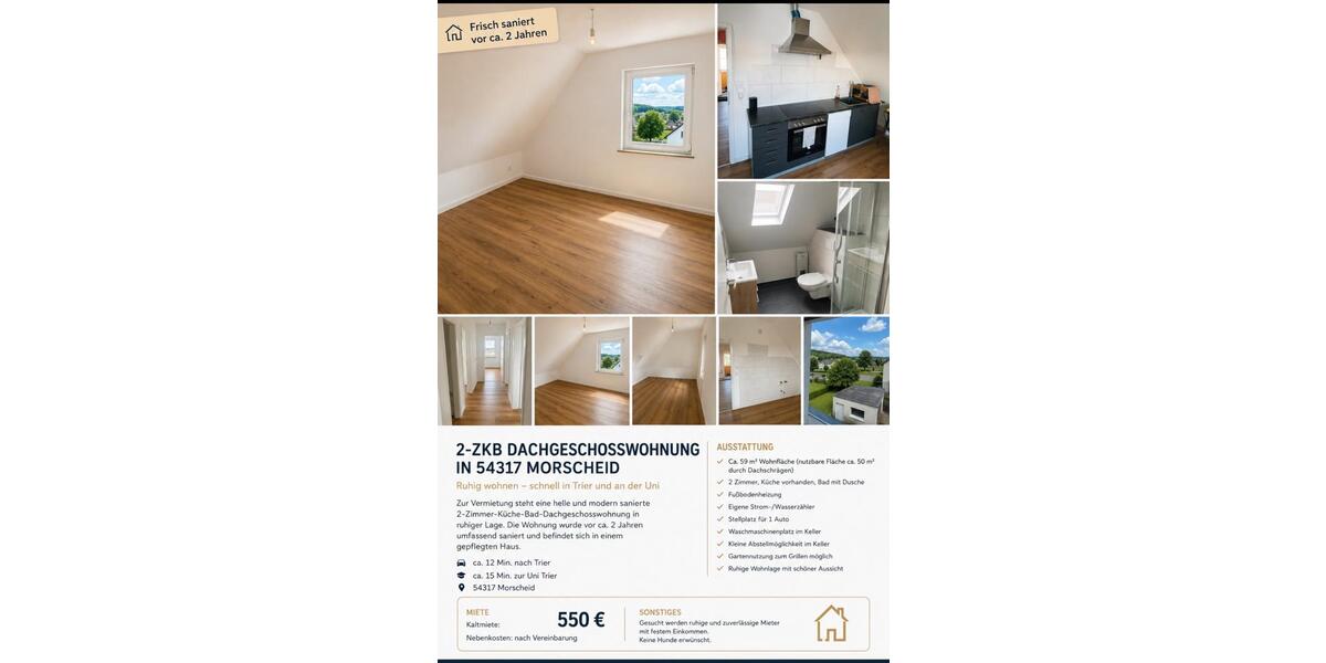 Etagenwohnung Schweich - 2 Zimmer, 50 m&sup2;, 550&euro; | Angebot:26556607