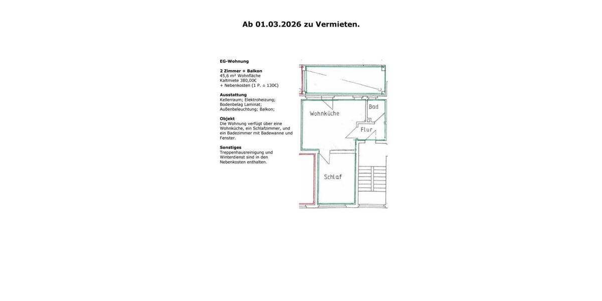 Erdgeschoßwohnung Bochum Eppendorf - 2 Zimmer, 46 m&sup2;, 380&euro; | Angebot:24477315