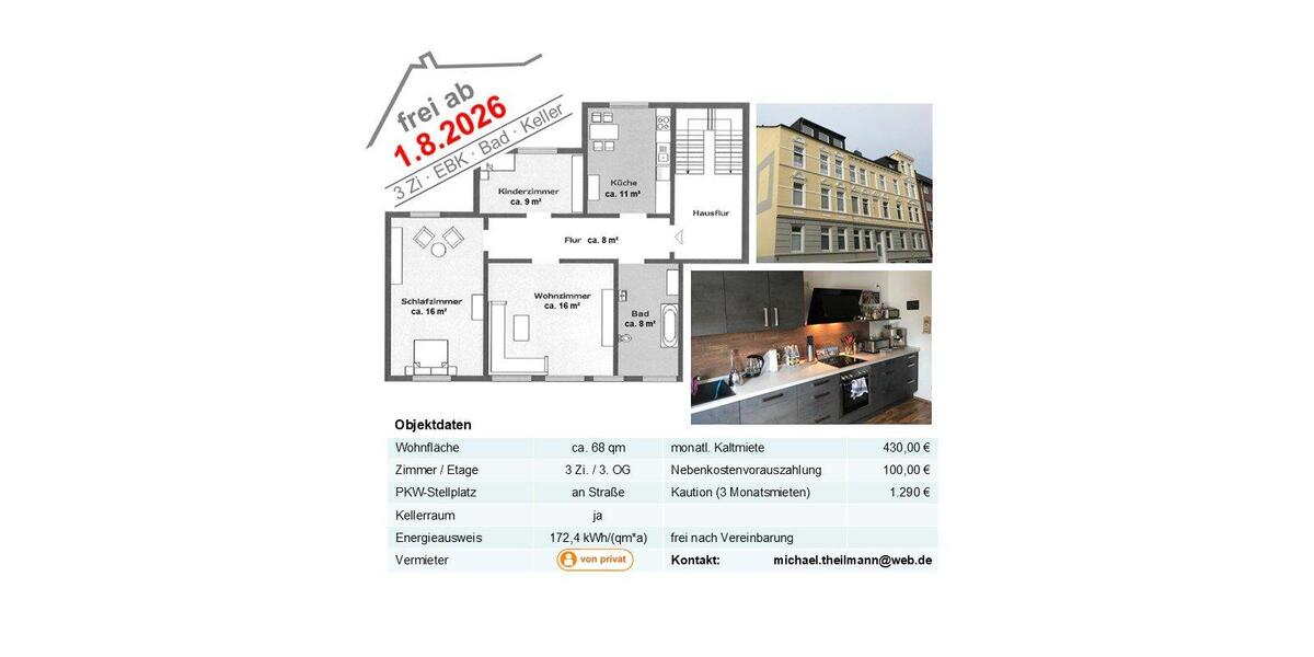 Etagenwohnung Wilhelmshaven - 3 Zimmer, 68 m&sup2;, 430&euro; | Angebot:26663775