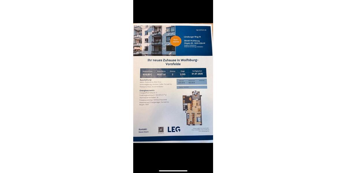 Etagenwohnung Wolfsburg Alt-Wolfsburg - 3 Zimmer, 65 m&sup2;, 649&euro; | Angebot:26635001